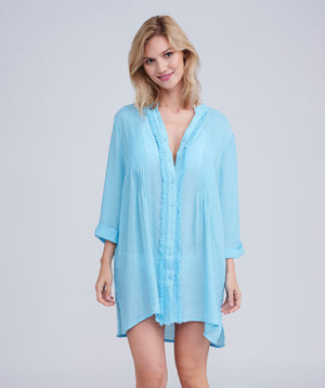 Turquoise Fringed Beach Shirt with Button Closure and Rolled Cuff Sleeves