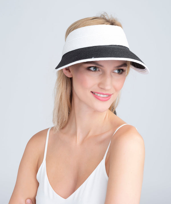 Straw sun visor with two-tone design, adjustable fit and peaked brim, lightweight sun protection accessory for beach and summer outdoor wear.