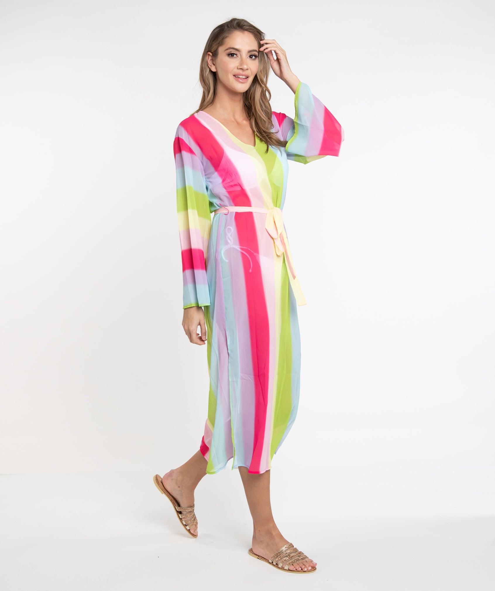 Multicoloured Maxi Dress in a Vibrant Rainbow Stripe Design.