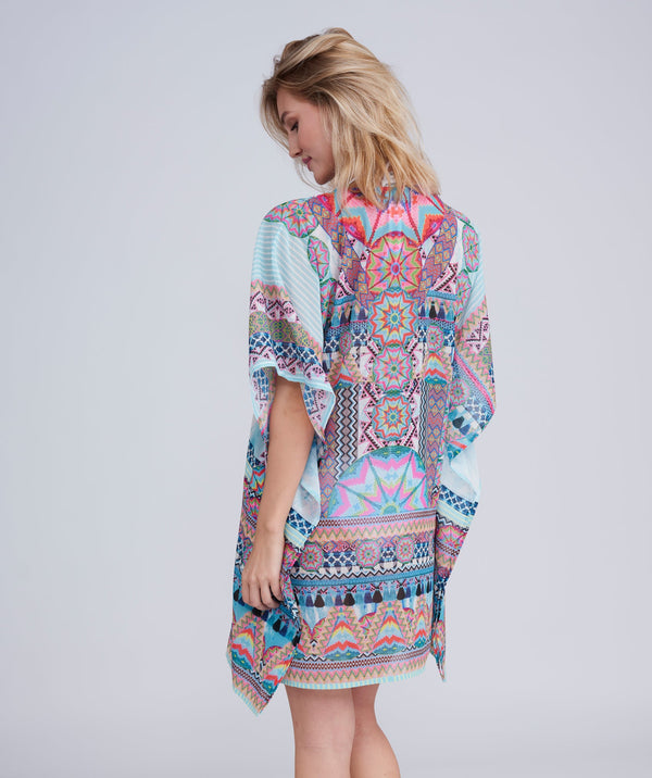 Back View: Pale Turquoise Aztec Print Beach Kaftan with Embellished Neckline