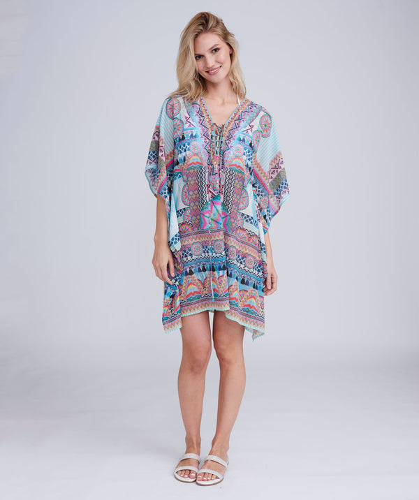 Pale Turquoise Aztec Print Beach Kaftan with Embellished Neckline