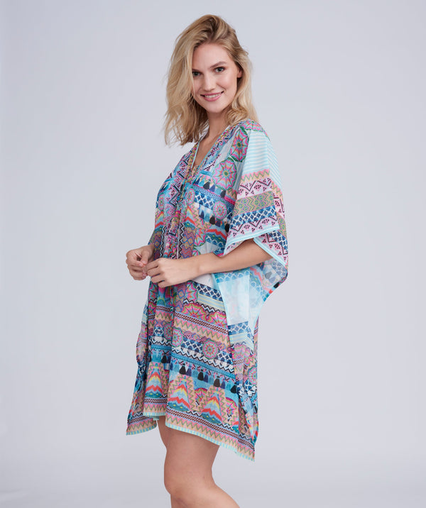 Side View: Pale Turquoise Aztec Print Beach Kaftan with Embellished Neckline