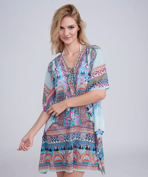 Pale Turquoise Aztec Print Beach Kaftan with Embellished Neckline