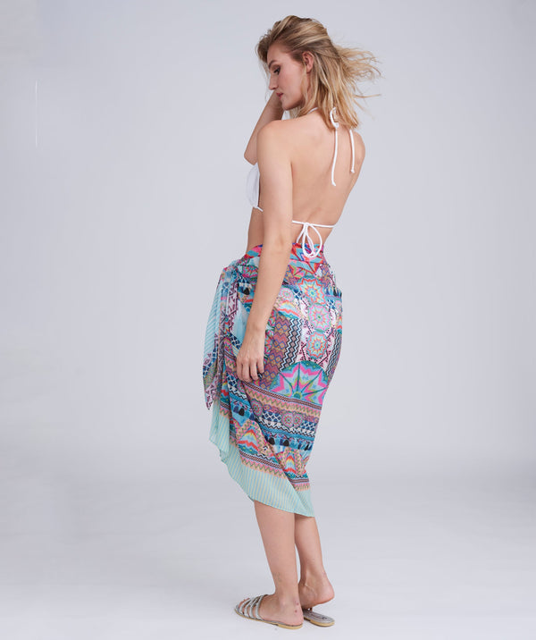 Back View: Pale Turquoise Aztec Print Sarong with Wrap Design