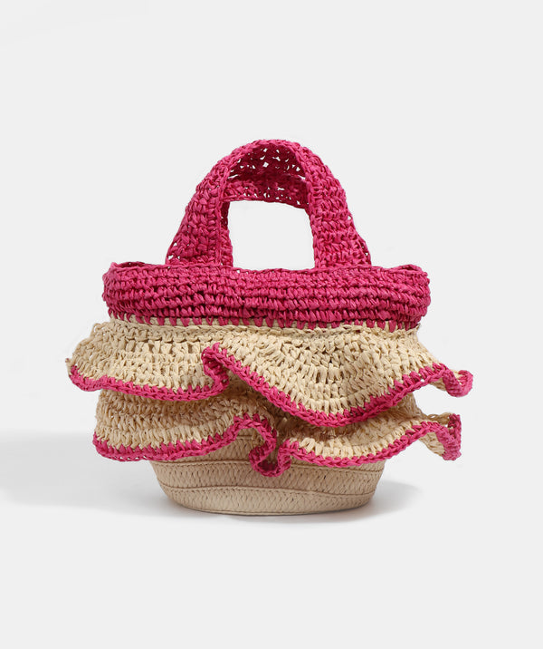 Sand and Hot Pink Woven Straw Bag with Ruffle Detail