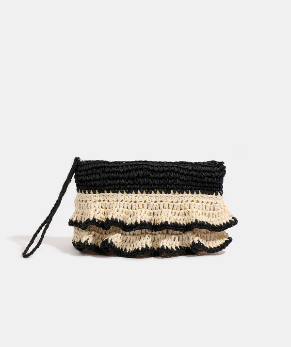 Sand/Black Ruffle Detail Clutch with Crossbody Strap