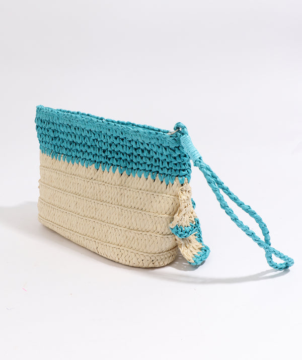 Rear View: Sand and Pale Turquoise Ruffle Detail Clutch Bag