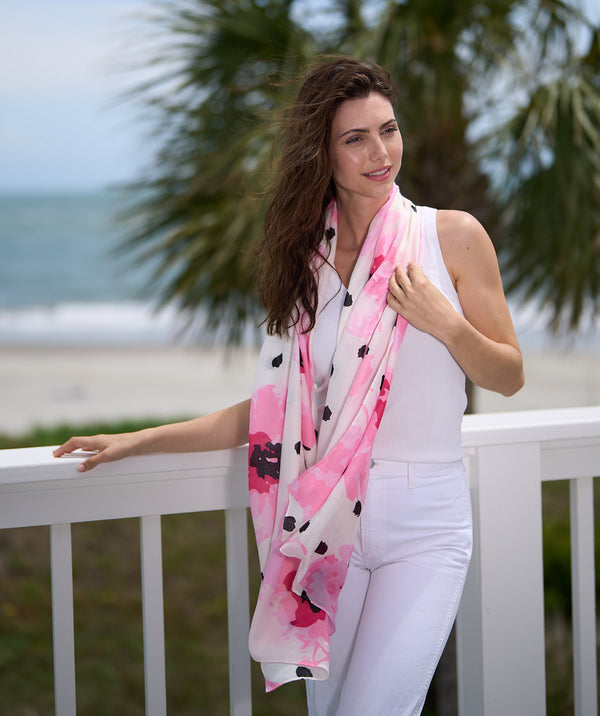 Black/White Oblong Scarf with Floral and Polka Dot Print