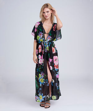 Black/Pink Floral Print Maxi Cover Up with Embellished Beading