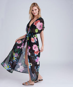 Side View: Black/Pink Floral Print Maxi Cover Up with Embellished Beading