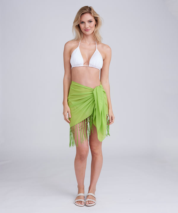 Lime Fringed and Beaded Sarong with Tassels and Shell Beading