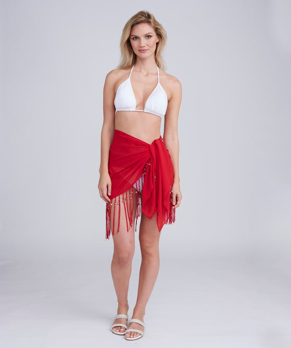 Red Fringed and Beaded Sarong with Tassels and Shell Beading