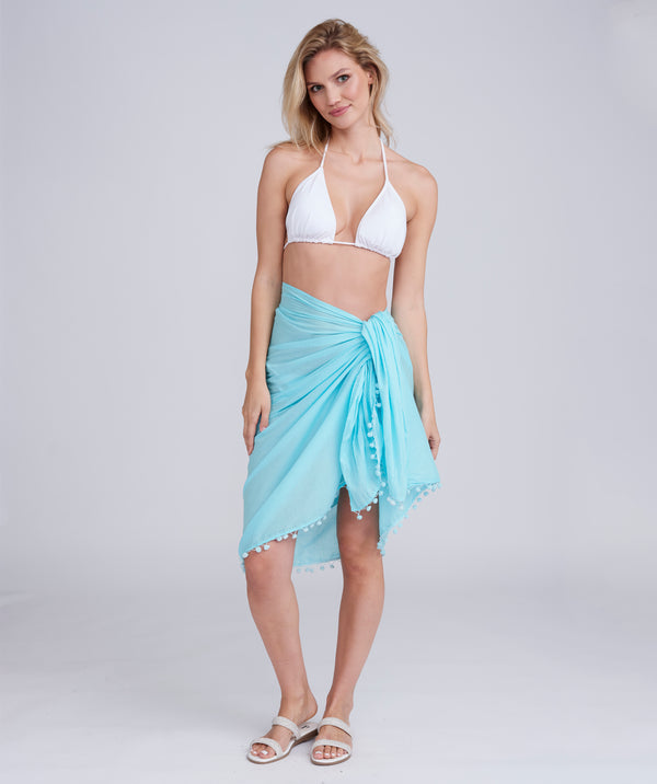 Pale Turquoise Lightweight Cotton Sarong with Pom-Pom Edging