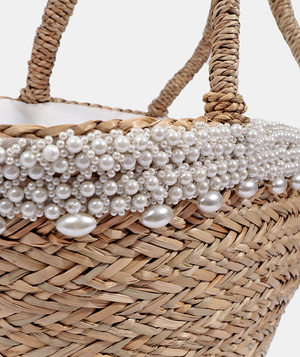 Close Up. Natural Straw Basket Bag with Pearl Embellishments and Zip Closure