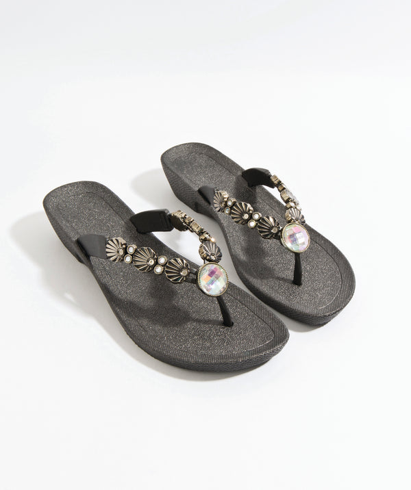 Black Wedged Embellished Sandals with Non-Slip Sole