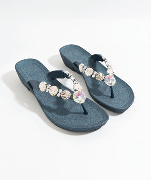 Navy Wedged Embellished Sandals with Non-Slip Sole