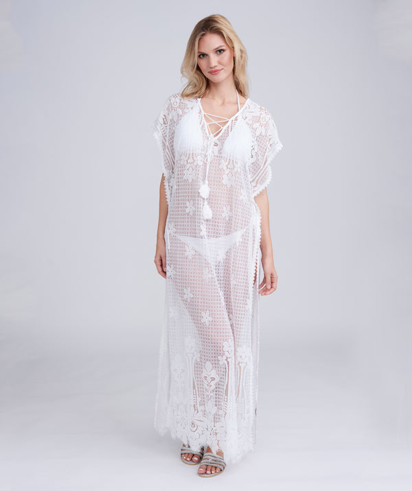 White Lace Maxi Coverup with Floral Embroidery and Side Splits