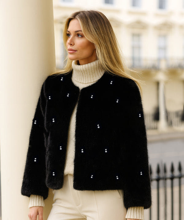 Sophie - Black Pearl Embellished Faux Fur Jacket