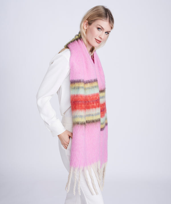 Pink Striped Oversized Blanket Scarf with Fringes