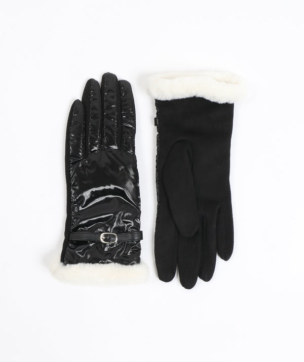 Black Patent Metallic Gloves with Faux Fur Trim