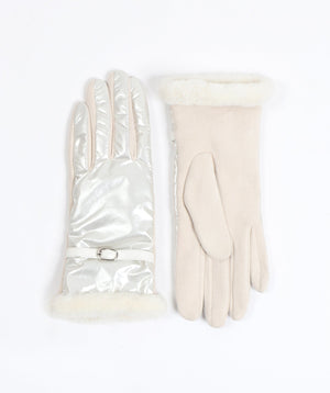 Ivory Winter White Metallic Gloves with Faux Fur Trim