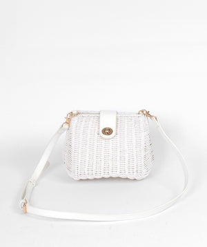White Petite Straw Handbag with Gold Hardware and Long PU Strap