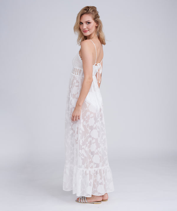 White Ombre Maxi Dress with Floral Lace and Crochet Detail