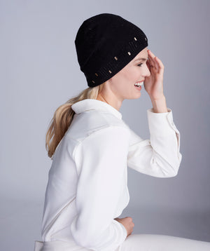Black Embellished Beanie Hat with Super Soft Fabric