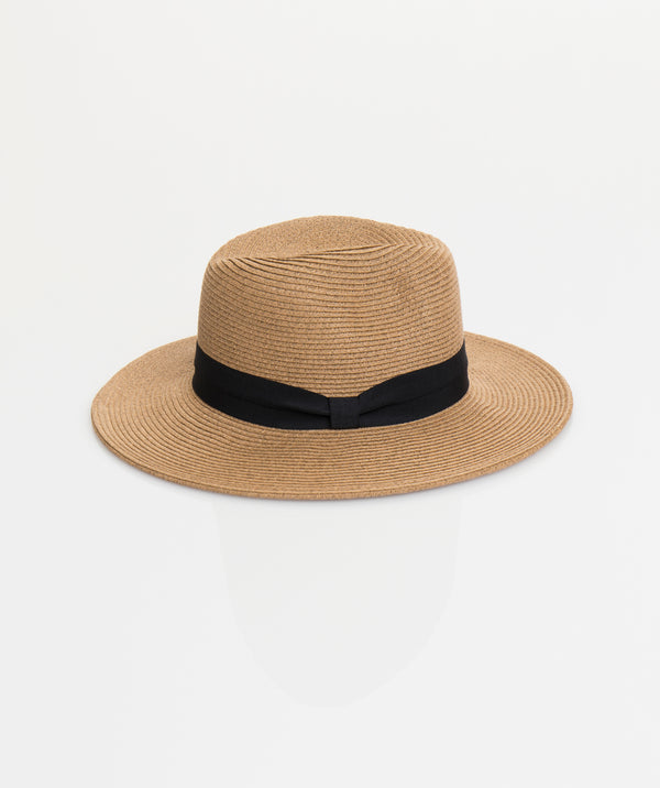 Tan Straw Fedora Hat with Contrast Trim