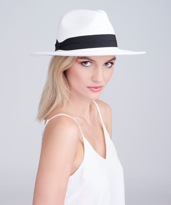 White and Black Straw Fedora Hat with Crossgrain Ribbon Trim