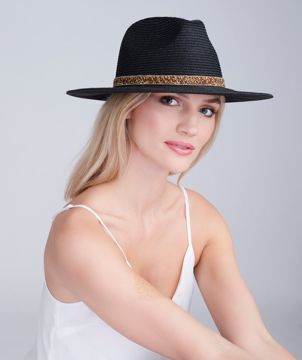 Black Beach Fedora Hat with Bead Embellishments