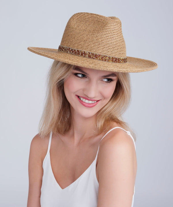 Topaz - Woven Straw Beaded Fedora Hat