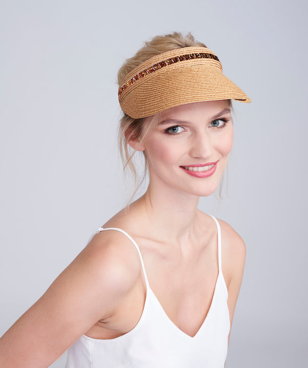 Tan Straw Visor with Bead Trim and UPF 50