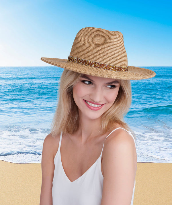 Topaz - Woven Straw Beaded Fedora Hat