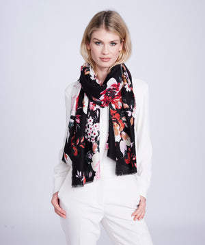 Black/Red Floral Print Oblong Scarf with Raw Edges