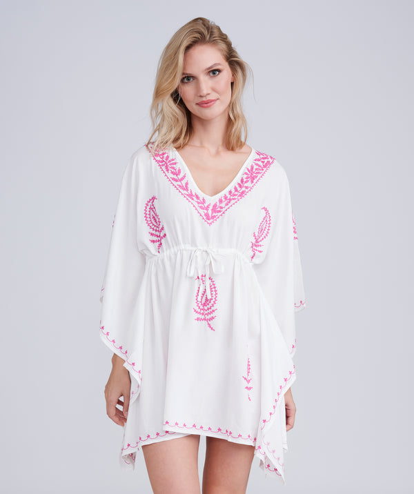 White/Pink Two Tone Embroidered Cover up with Drawstring Waist