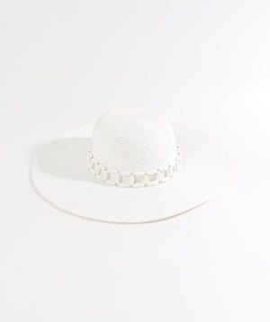 White Wide Brim Straw Hat with Tonal Bead Embellishment