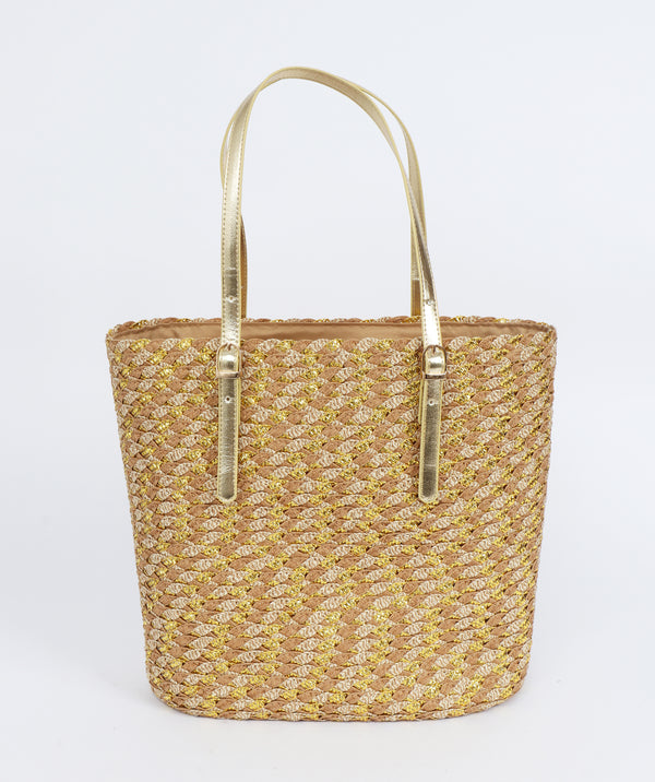 Natural and Gold Metallic Woven Straw Tote with Zip Closure