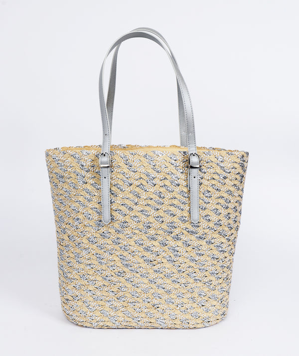 Silver Metallic Woven Straw Tote with Zip Closure