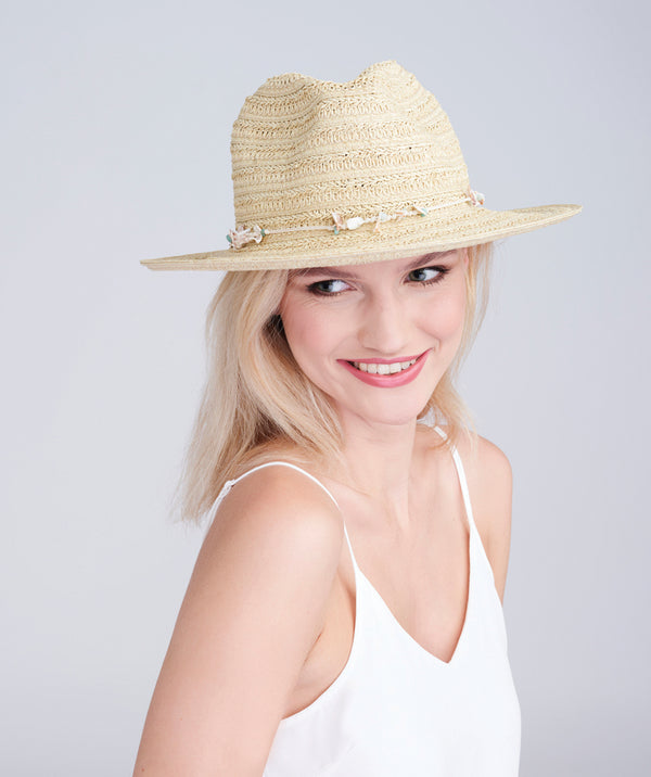 Natural Paper Straw Fedora Hat with Shell Bead Embellishment