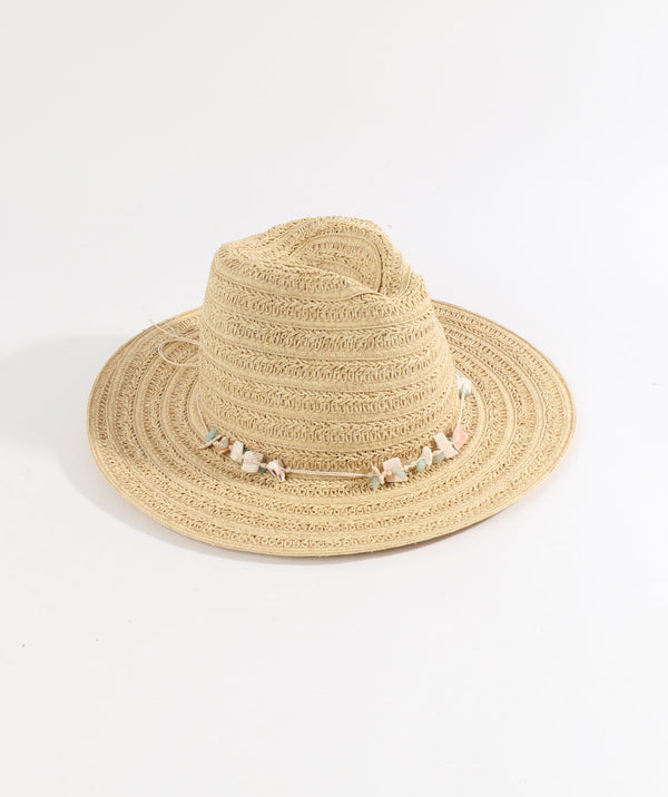 Natural Paper Straw Fedora Hat with Shell Bead Embellishment