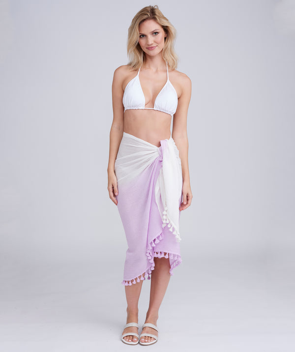 Lilac Cotton Tie-Dye Sarong with Pom-Pom Edging.