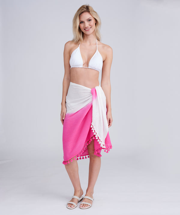 Hot Pink Cotton Tie-Dye Sarong with Pom-Pom Edging.