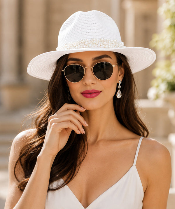 Verity - Pearl Trim Straw Fedora