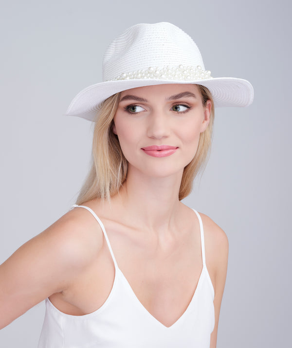Verity - Fedora de paja con ribete de perlas