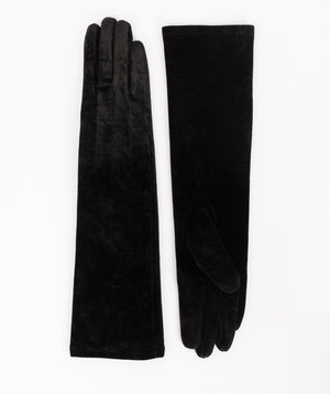 Black Velvet Elbow Length Gloves with Luxe Finish