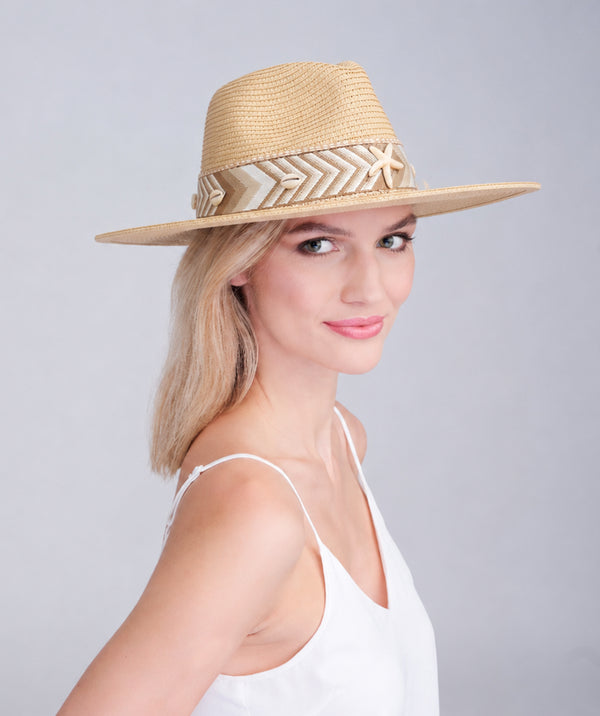 Zara - Aztec Ribbon Straw Fedora - Natural