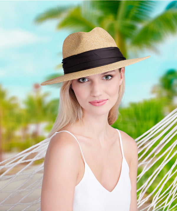 Zina - Straw Fedora with Contrast Satin Band