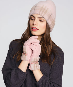 Woman`s Pink Knitted Beanie with Plaid Cuff
