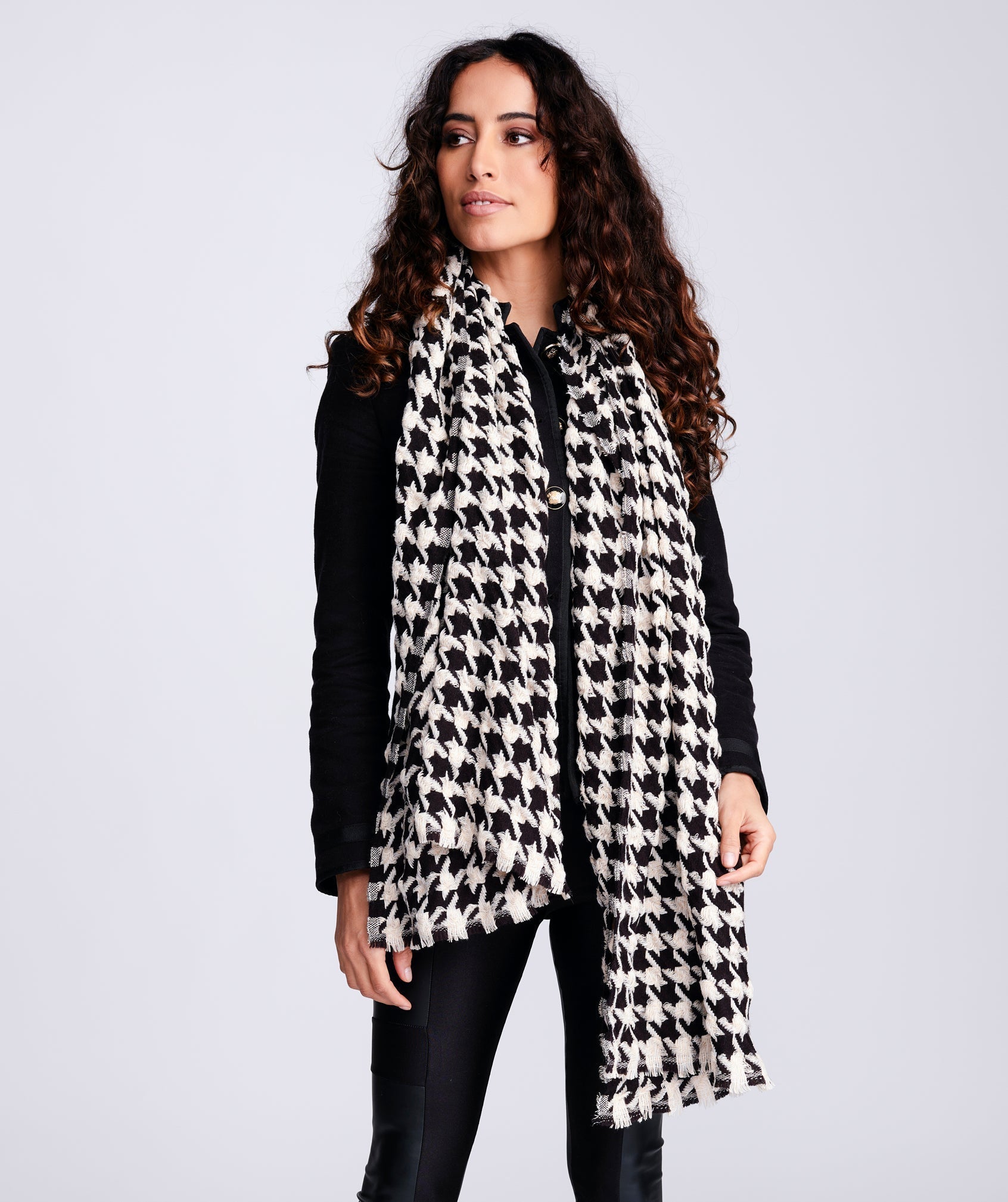 Black and White Oversized Houndstooth Scarf with Fringed Hemline